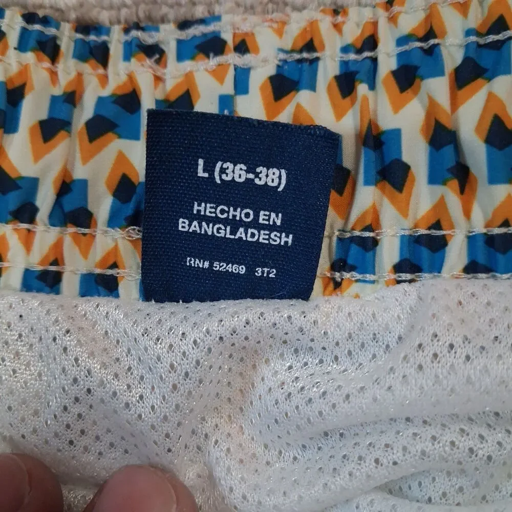 George Mens Swim Trunks L 36 38 Blue Orange Geometric Shorts Mesh Liner Quick...